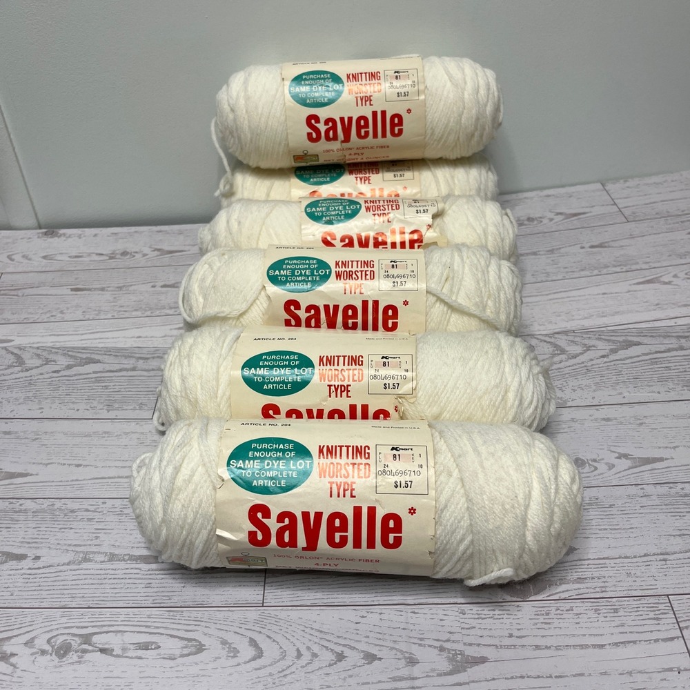 VTG Sayelle White Knitting Worsted Type Yarn 4-Ply Orlon Acrylic 6 Skeins Lot